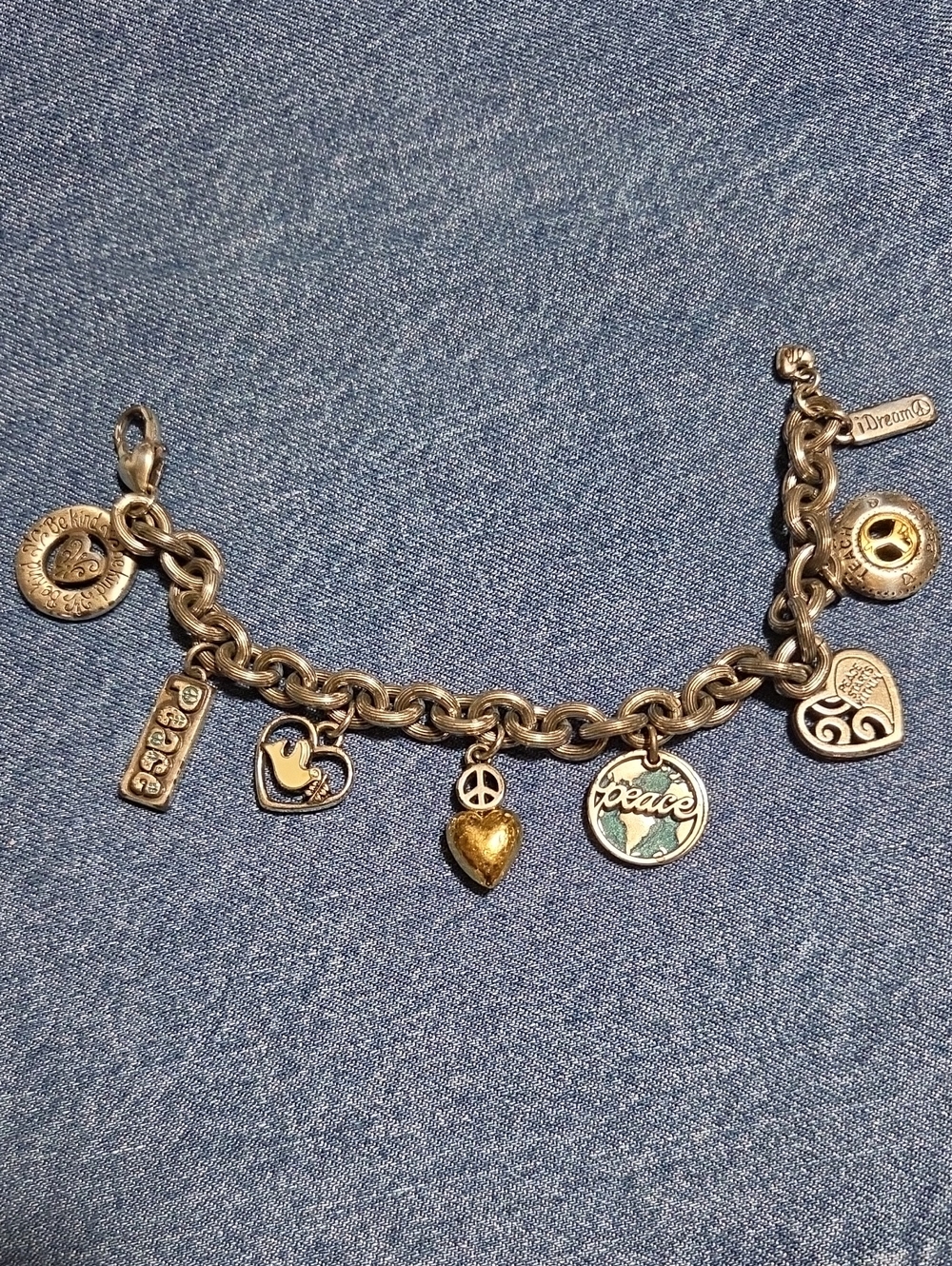 Brighton,Silver Peace & Heart Charm Bracelet - Gold Accent,Beautiful.